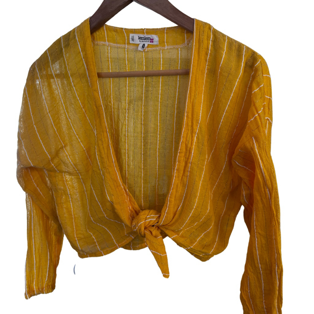 Lemlem Yellow Striped Tie-Front Blouse - Handmade in‎ Ethiopia (Size Small)